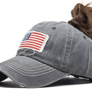 INOGIH Women American Flag Ponytail Hat Embroidery Washed-Cotton Messy Bun Baseball-Cap Adjustable Grey