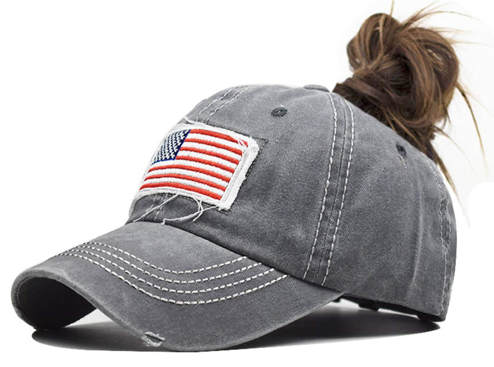 INOGIH Women American Flag Ponytail Hat Embroidery Washed-Cotton Messy Bun Baseball-Cap Adjustable Grey