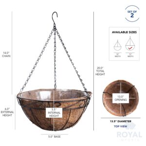 Royal Imports Metal Hanging Planter Flower Basket with Coco Coir Liners 13" Round Wire Outdoor Porch Balcony Garden Décor, Set of 2