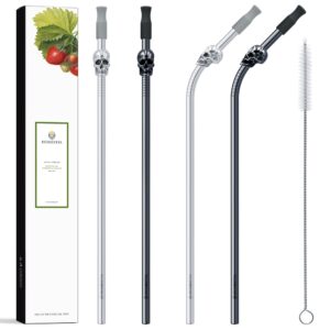 homestia long reusable straws metal straws with silicone tips, drinking straws reusable stainless steel straws, skull straws for tumblers, 2 straight 2 bent, 10.5" travel straws with cleaning brush