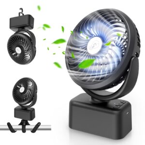 towkka portable camping fan with led lights, quiet stroller fan with 3 speed and brightness settings, 4 in 1 rechargeable 5000mah usb desk oscillating fan