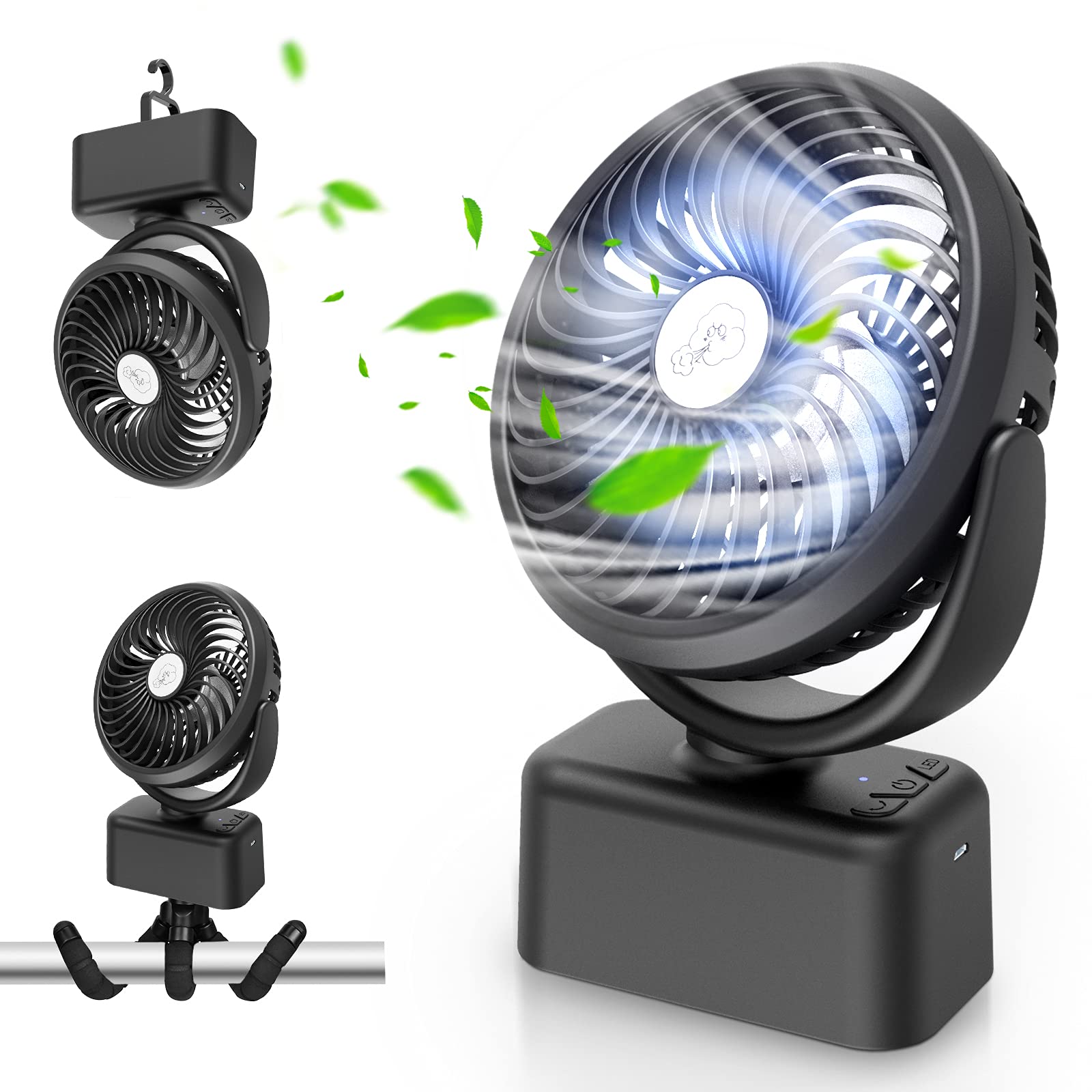 Towkka Portable Camping Fan with Led Lights, Quiet Stroller Fan with 3 Speed and Brightness Settings, 4 in 1 Rechargeable 5000mAh USB Desk Oscillating Fan