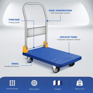 Platform Truck with 440lb Weight Capacity and 360 Degree Swivel Wheels, Foldable Push Hand Cart for Loading and Storage, Blue