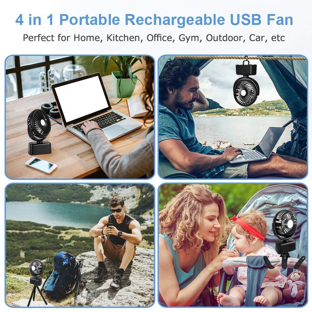 Towkka Portable Camping Fan with Led Lights, Quiet Stroller Fan with 3 Speed and Brightness Settings, 4 in 1 Rechargeable 5000mAh USB Desk Oscillating Fan