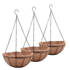 eimquvw metal hanging planters basket set of 3 hanging flower pots 12 inch chain round wire plant holder with coco coir liner garden watering hanging baskets for patio garden outdoor1