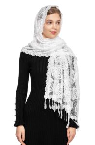 wgior rose rectangular chapel veil scarf catholic church veils mantilla wrap shawl mass head covering (white)