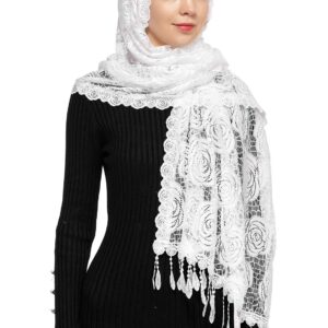 Wgior Rose Rectangular Chapel Veil Scarf Catholic Church Veils Mantilla Wrap Shawl Mass Head Covering (White)