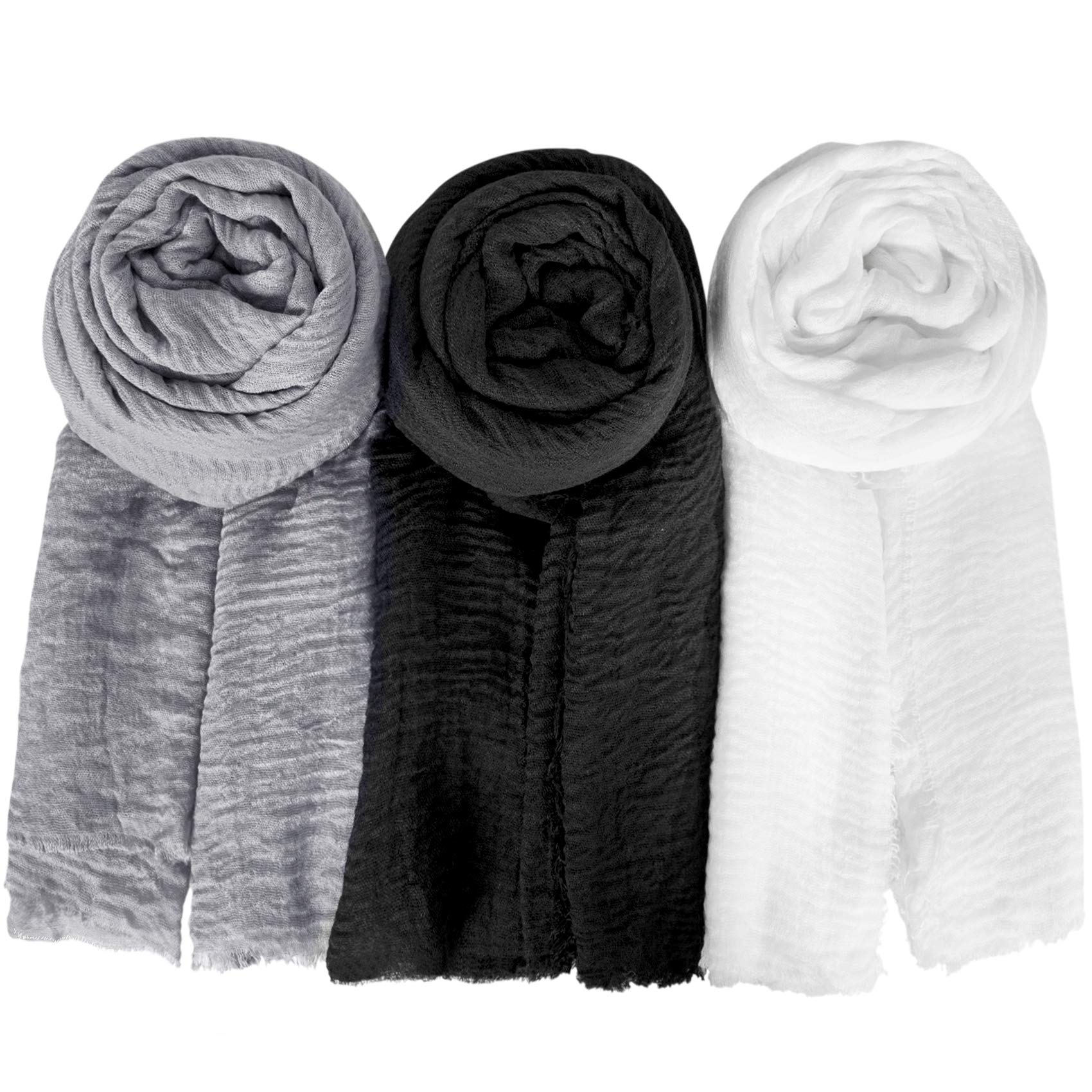 Chalier Fashion Women's Hijab Shawl Soft Lightweight Long Wraps All Season, Solid F-3 Pack(grey/Black/White), Large