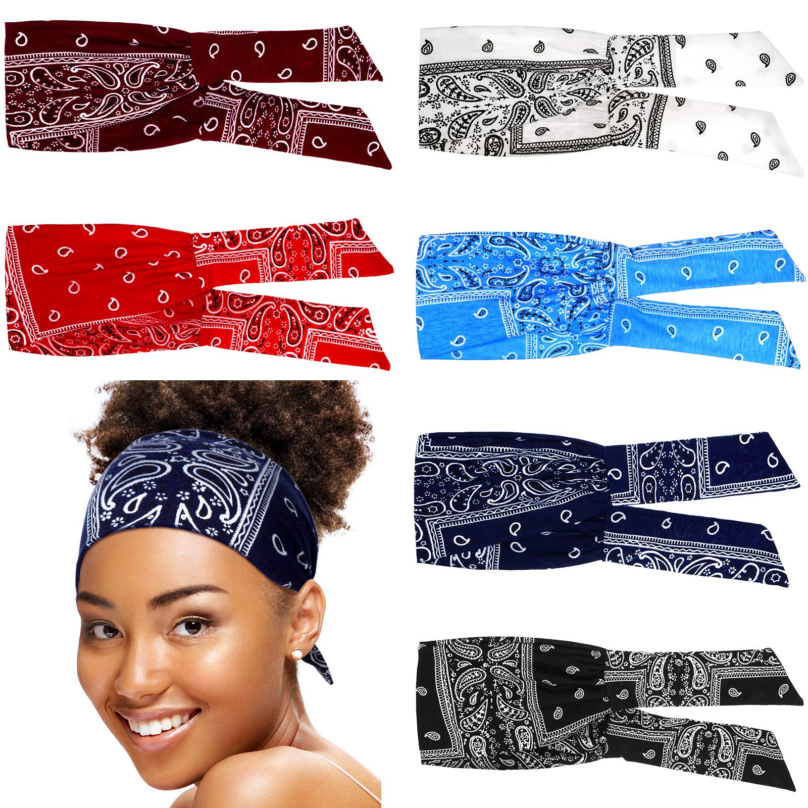 WILLBOND 6 Pieces Tie Headband for Women, Adjustable Headbands, Knotted African Headbands, Yoga Elastic Non Slip Floral Hair Bands for Running Hiking Cycling Workout (Paisley Patterns)