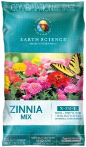 earth science zinnia mix from earth science (6 lb), 3-in-1 mix with premium wildflower seed, plant food and soil conditioners, non-gmo