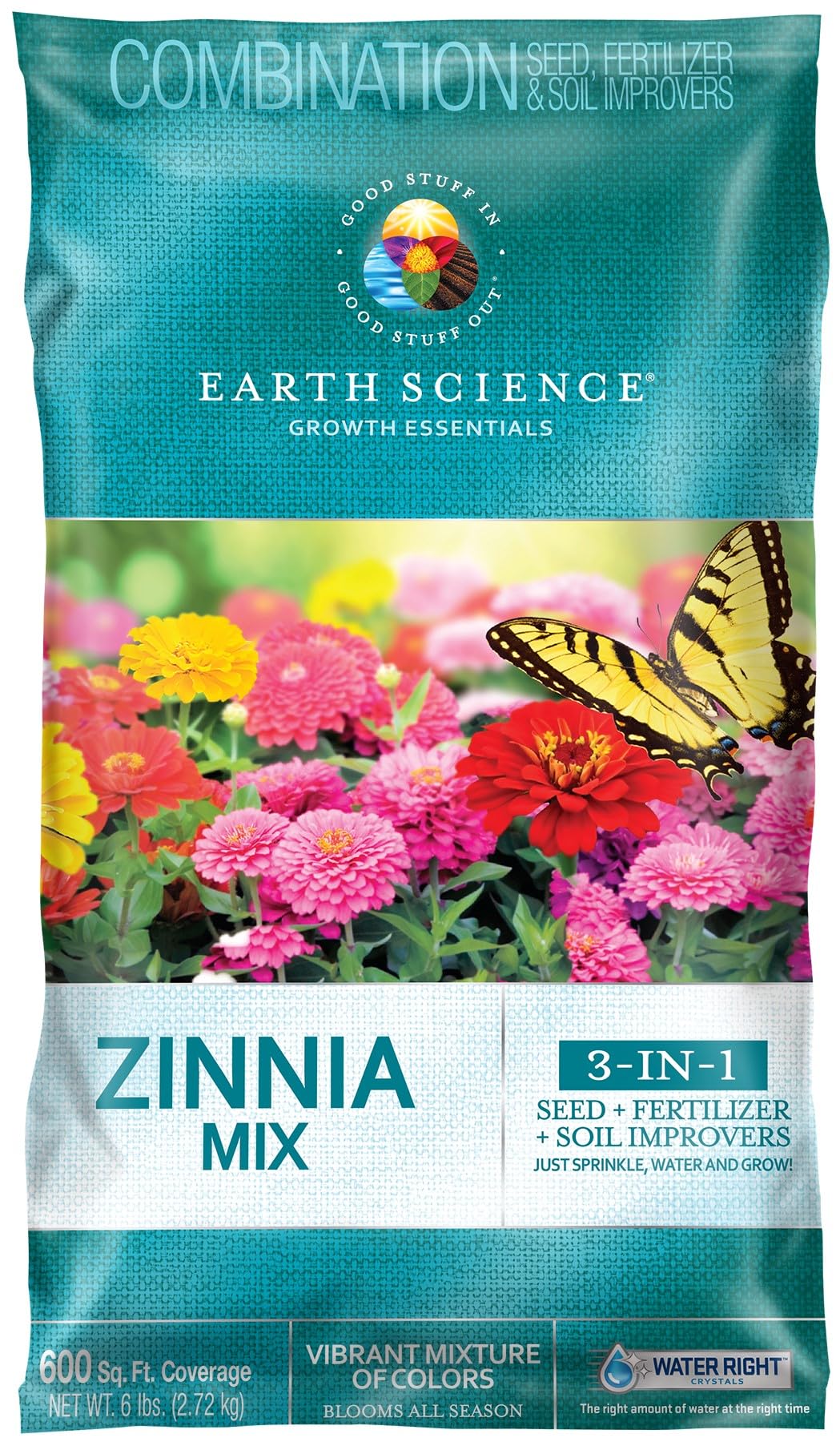 Earth Science Zinnia Mix from Earth Science (6 lb), 3-in-1 Mix with Premium Wildflower Seed, Plant Food and Soil Conditioners, Non-GMO