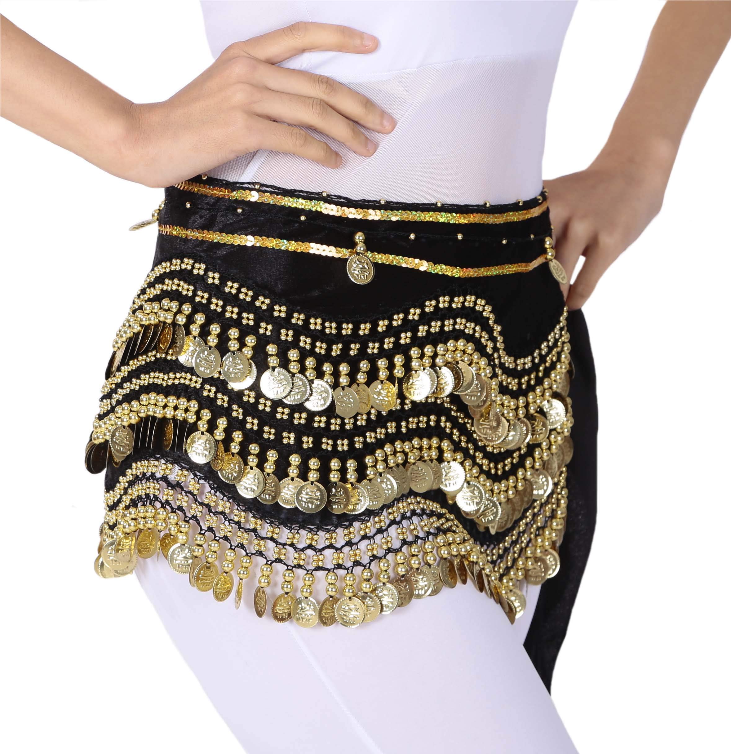 Lauthen.S 248 Gold Coins Belly Dance Hip Scarf Tribal Belt Halloween Gypsy Costume Accessory Black