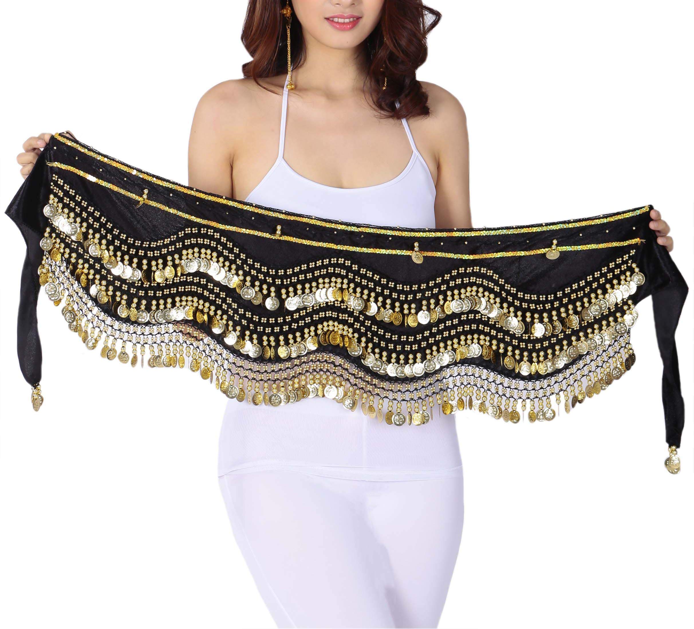 Lauthen.S 248 Gold Coins Belly Dance Hip Scarf Tribal Belt Halloween Gypsy Costume Accessory Black