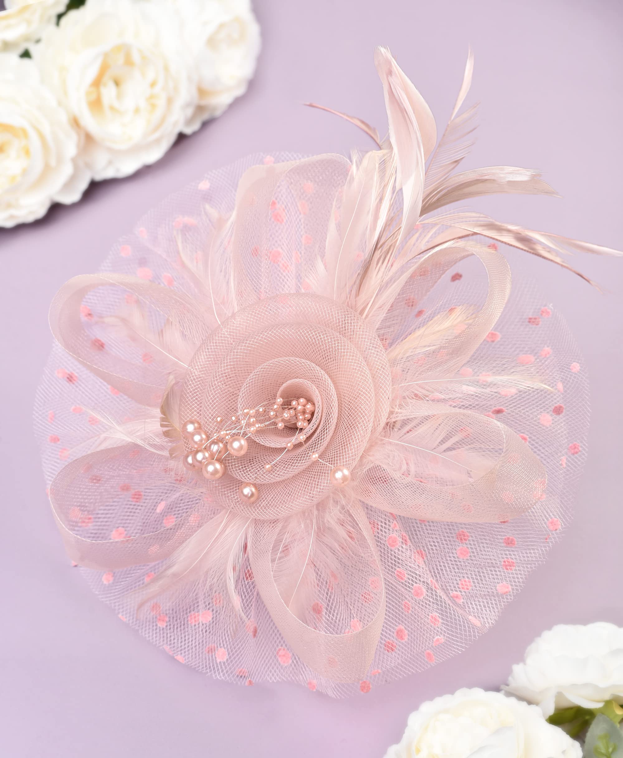 Zivyes Blush Pink Fascinators Hat for Women Tea Party Headband Kentucky Derby Wedding Cocktail Flower Mesh Feathers Hair Clip