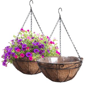 royal imports metal hanging planter flower basket with coco coir liners 13" round wire outdoor porch balcony garden décor, set of 2