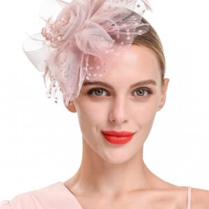 Zivyes Blush Pink Fascinators Hat for Women Tea Party Headband Kentucky Derby Wedding Cocktail Flower Mesh Feathers Hair Clip