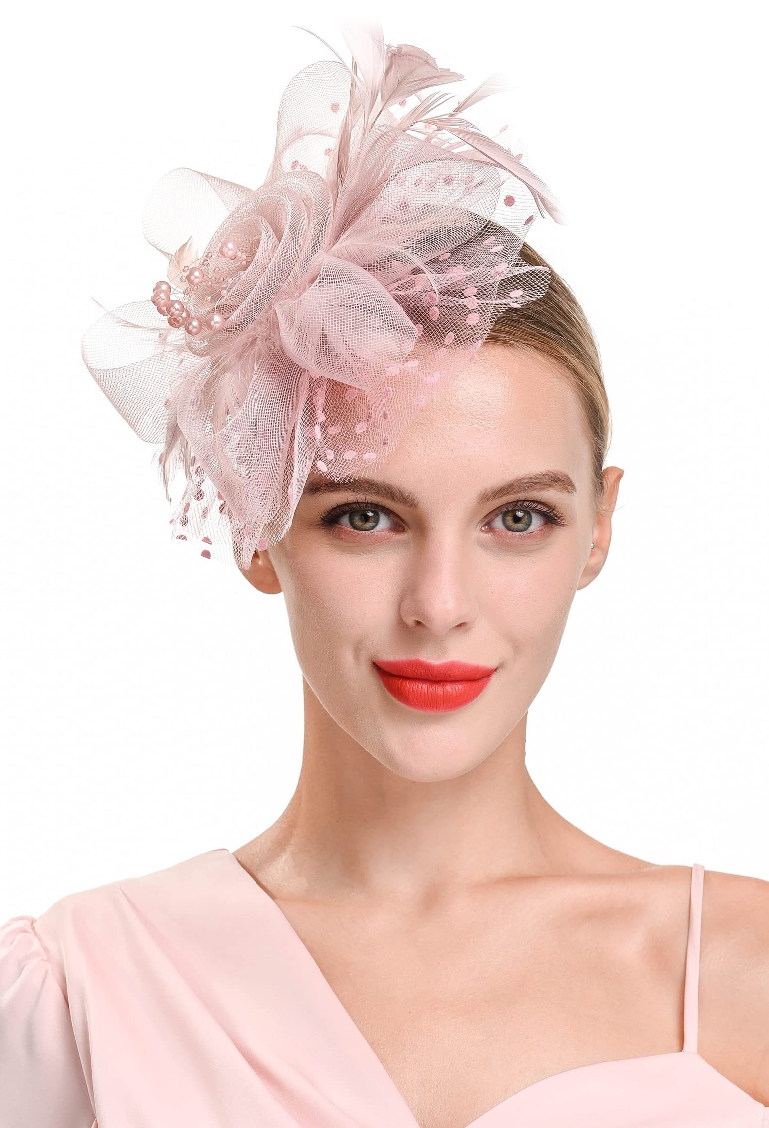 Zivyes Blush Pink Fascinators Hat for Women Tea Party Headband Kentucky Derby Wedding Cocktail Flower Mesh Feathers Hair Clip