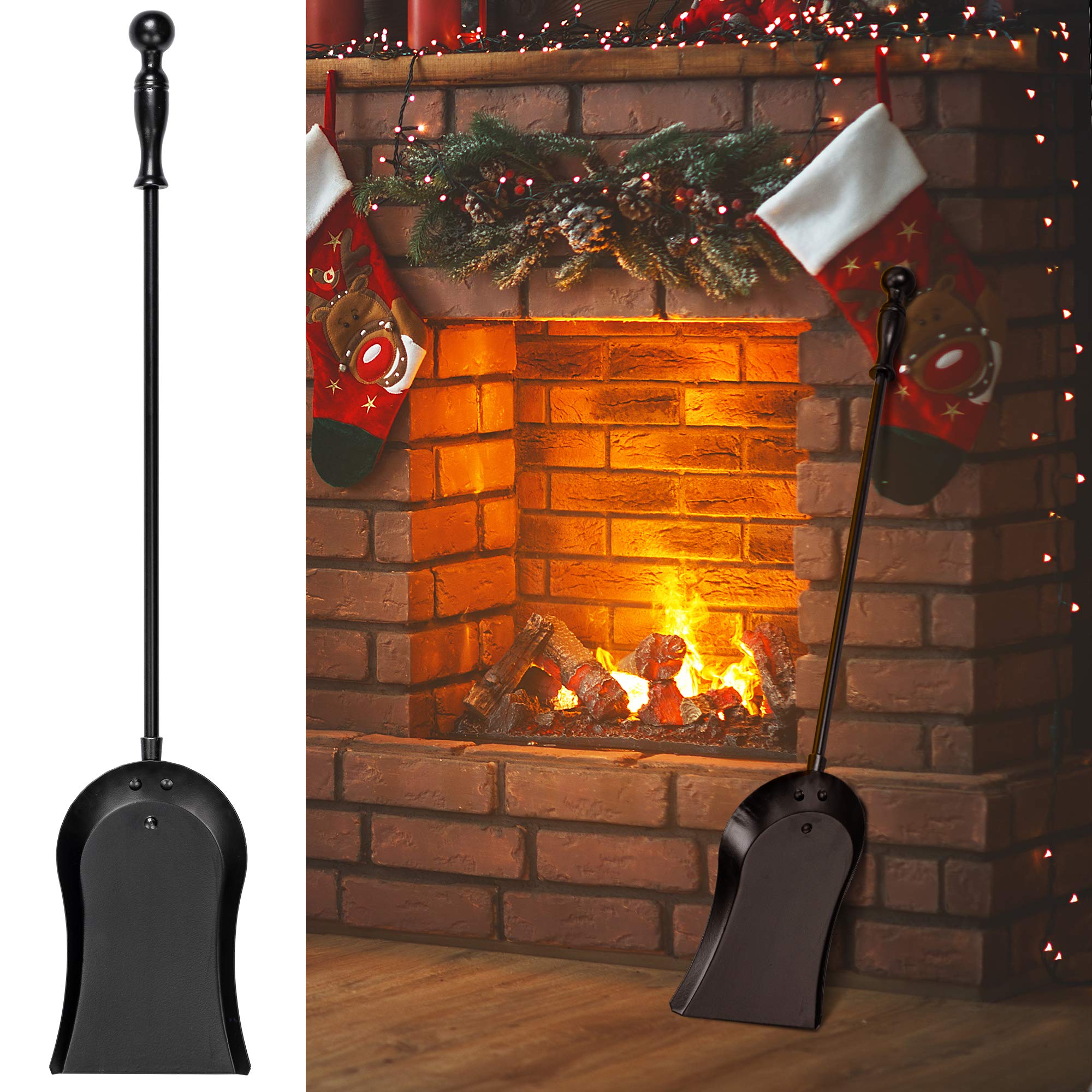 AMAGABELI GARDEN & HOME 32" Fireplace Shovel for Ash Heavy Duty Ash Shovel Gardening Fireplace Tools Wrought Iron Long Handle BBQ Grill Campfire Indoor Outdoor Wood Stove Hearth Accessories Black