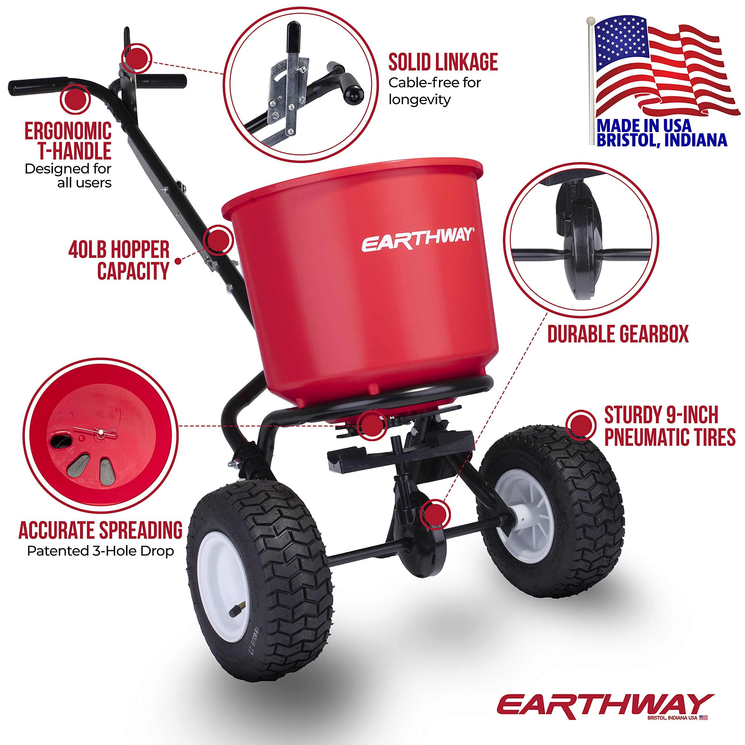 EarthWay 2600A-Plus 40 LB (18 KG) Walk-Behind Broadcast Fertilizer Spreader, Garden Seeder, Salt Spreader with 9 inch Pneumatic Tires, Made in America