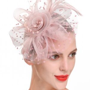 Zivyes Blush Pink Fascinators Hat for Women Tea Party Headband Kentucky Derby Wedding Cocktail Flower Mesh Feathers Hair Clip