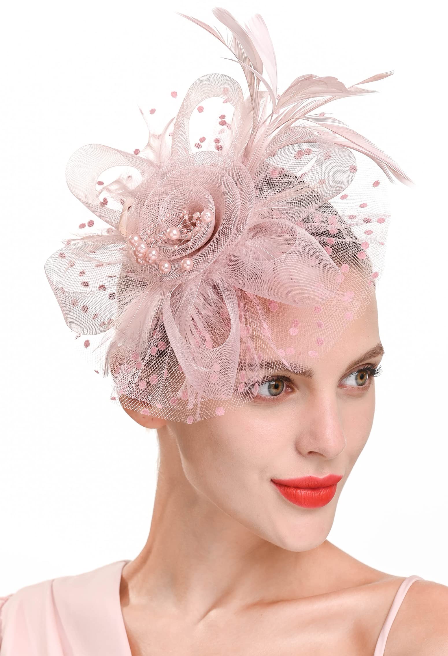 Zivyes Blush Pink Fascinators Hat for Women Tea Party Headband Kentucky Derby Wedding Cocktail Flower Mesh Feathers Hair Clip