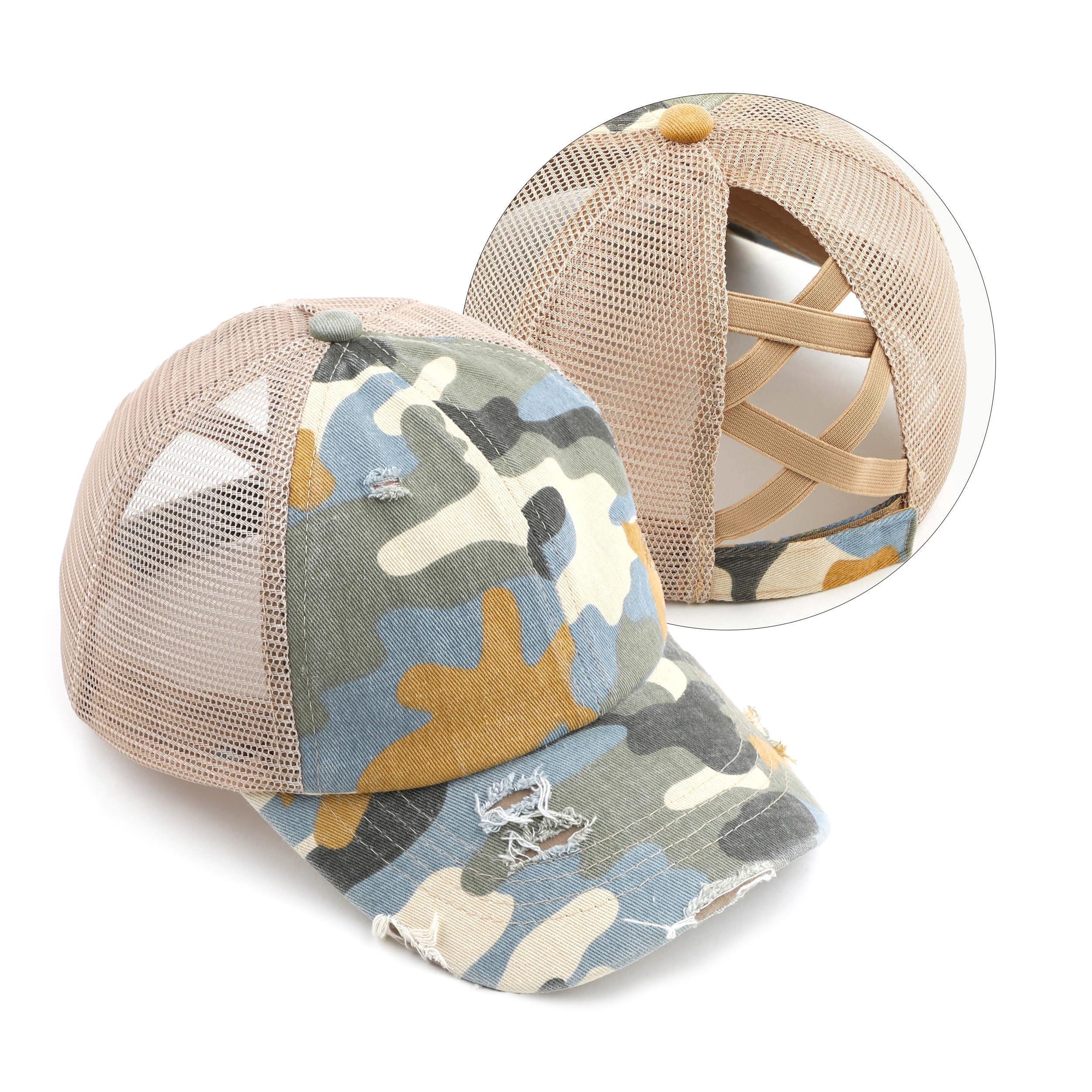 C.C Exclusives Washed Distressed Cotton Denim Criss-Cross Ponytail Hat Baseball Cap Bundle Hair Tie (BT-783) (A Elastic Band-Beige/Camo)