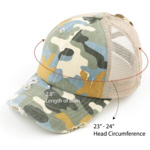 C.C Exclusives Washed Distressed Cotton Denim Criss-Cross Ponytail Hat Baseball Cap Bundle Hair Tie (BT-783) (A Elastic Band-Beige/Camo)