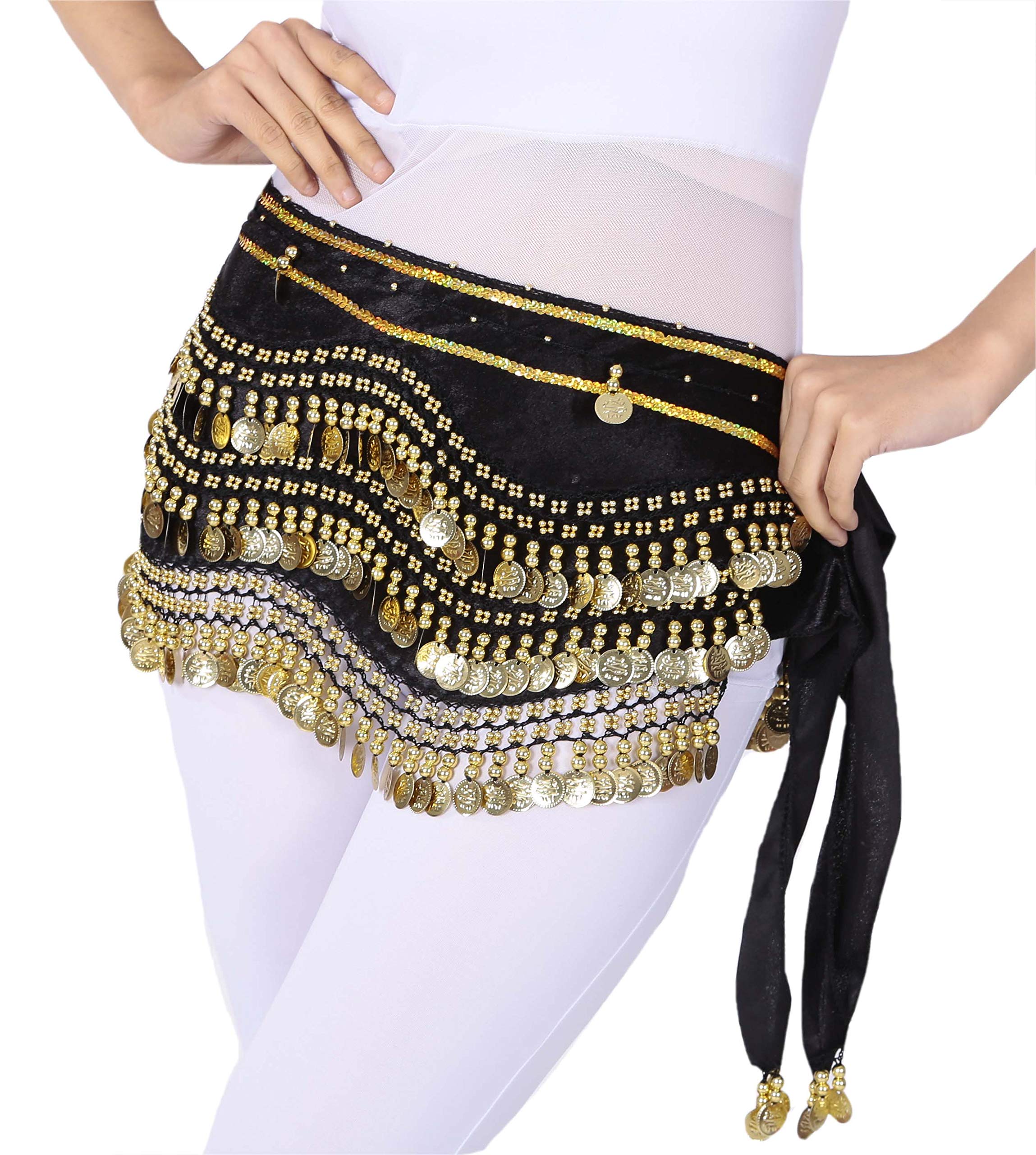 Lauthen.S 248 Gold Coins Belly Dance Hip Scarf Tribal Belt Halloween Gypsy Costume Accessory Black