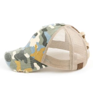 C.C Exclusives Washed Distressed Cotton Denim Criss-Cross Ponytail Hat Baseball Cap Bundle Hair Tie (BT-783) (A Elastic Band-Beige/Camo)