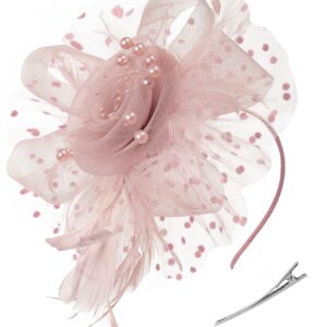 Zivyes Blush Pink Fascinators Hat for Women Tea Party Headband Kentucky Derby Wedding Cocktail Flower Mesh Feathers Hair Clip