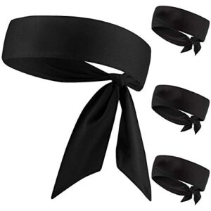 black head tie headband, tie up sweatband for tennis sweat hair band ninja karate pirates basketball, running, workout for men women boys girls (black 4 pack)