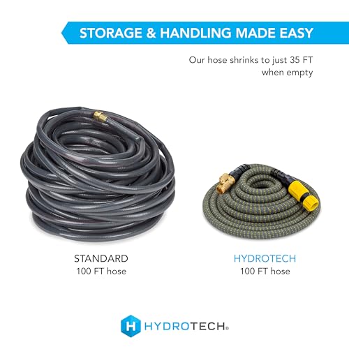 HydroTech 100 ft Expandable Garden Hose - Burst Proof & Lightweight, Flexible Water Hose with Durable Reinfordced Latex Core & Solid Brass Fittings for Lawn, Garden, Car Washing