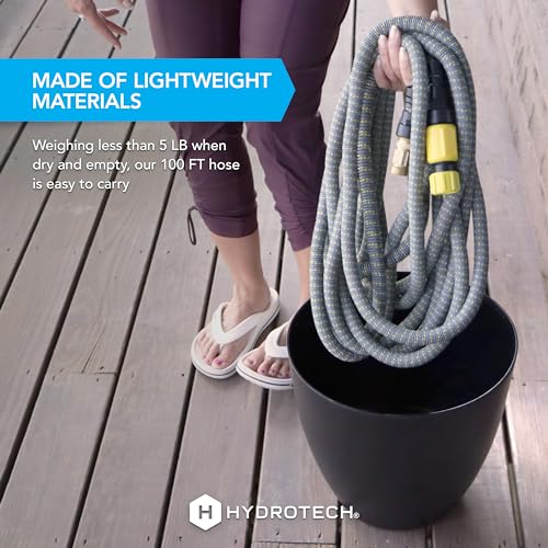 HydroTech 100 ft Expandable Garden Hose - Burst Proof & Lightweight, Flexible Water Hose with Durable Reinfordced Latex Core & Solid Brass Fittings for Lawn, Garden, Car Washing