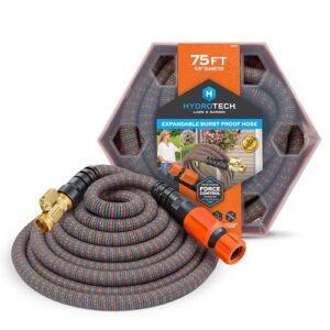 hydrotech 75 ft expandable garden hose - burst proof & lightweight, flexible water hose with durable reinfordced latex core & solid brass fittings for lawn, garden, car washing