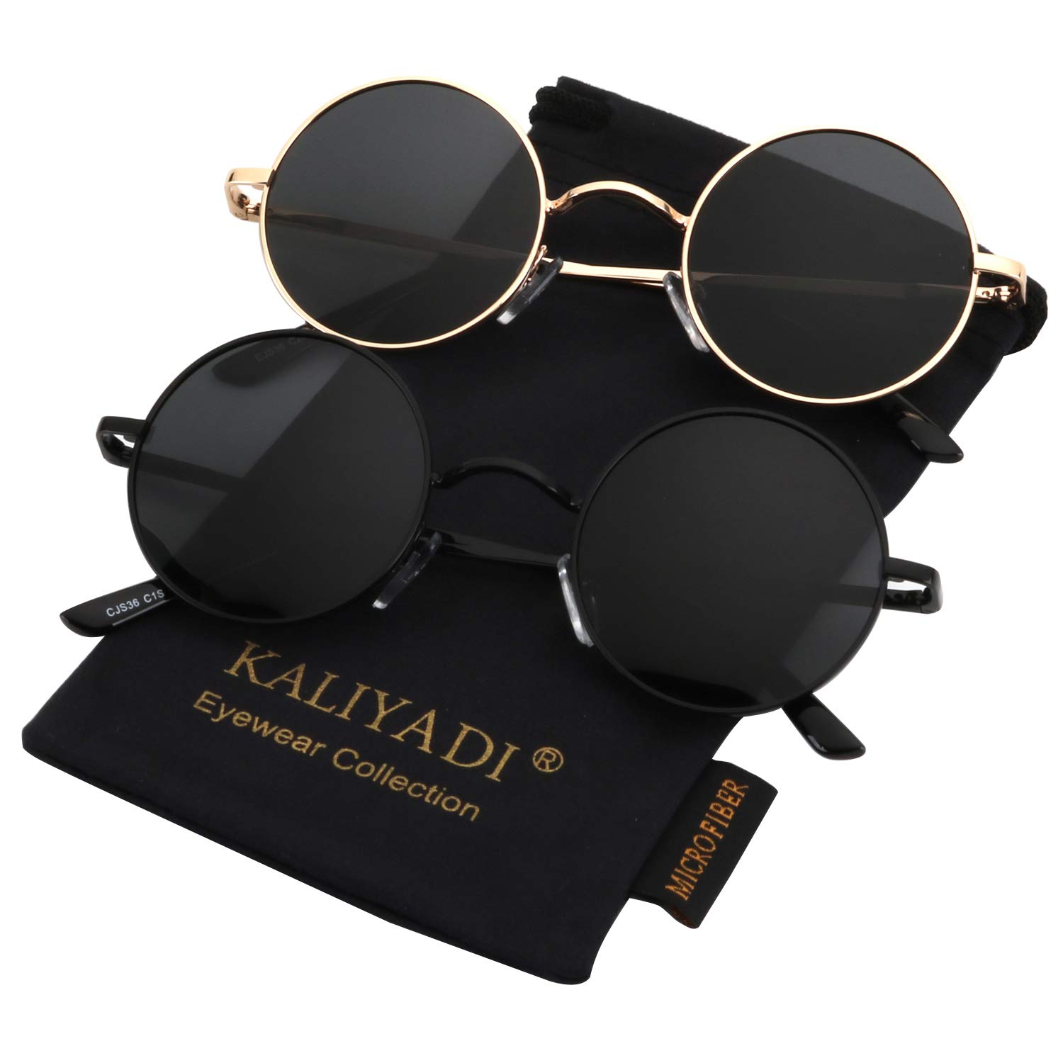 KALIYADI Round Polarized Sunglasses for Men Women Retro Metal Hippie Circle Style Sun Glasses UV Protection (2 Pack) 45mm