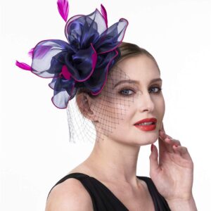 Fascinators Hat for Women Tea Party Headband Girls Flapper Headpiece Kentucky Church Derby Wedding (FM02-Navy and Rose)