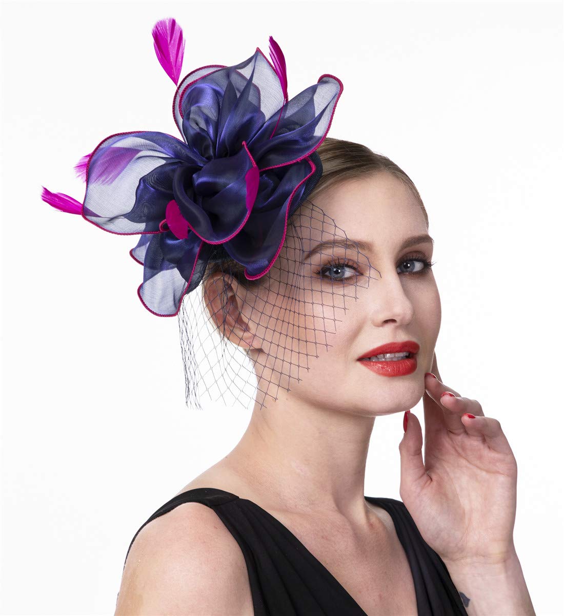 Fascinators Hat for Women Tea Party Headband Girls Flapper Headpiece Kentucky Church Derby Wedding (FM02-Navy and Rose)