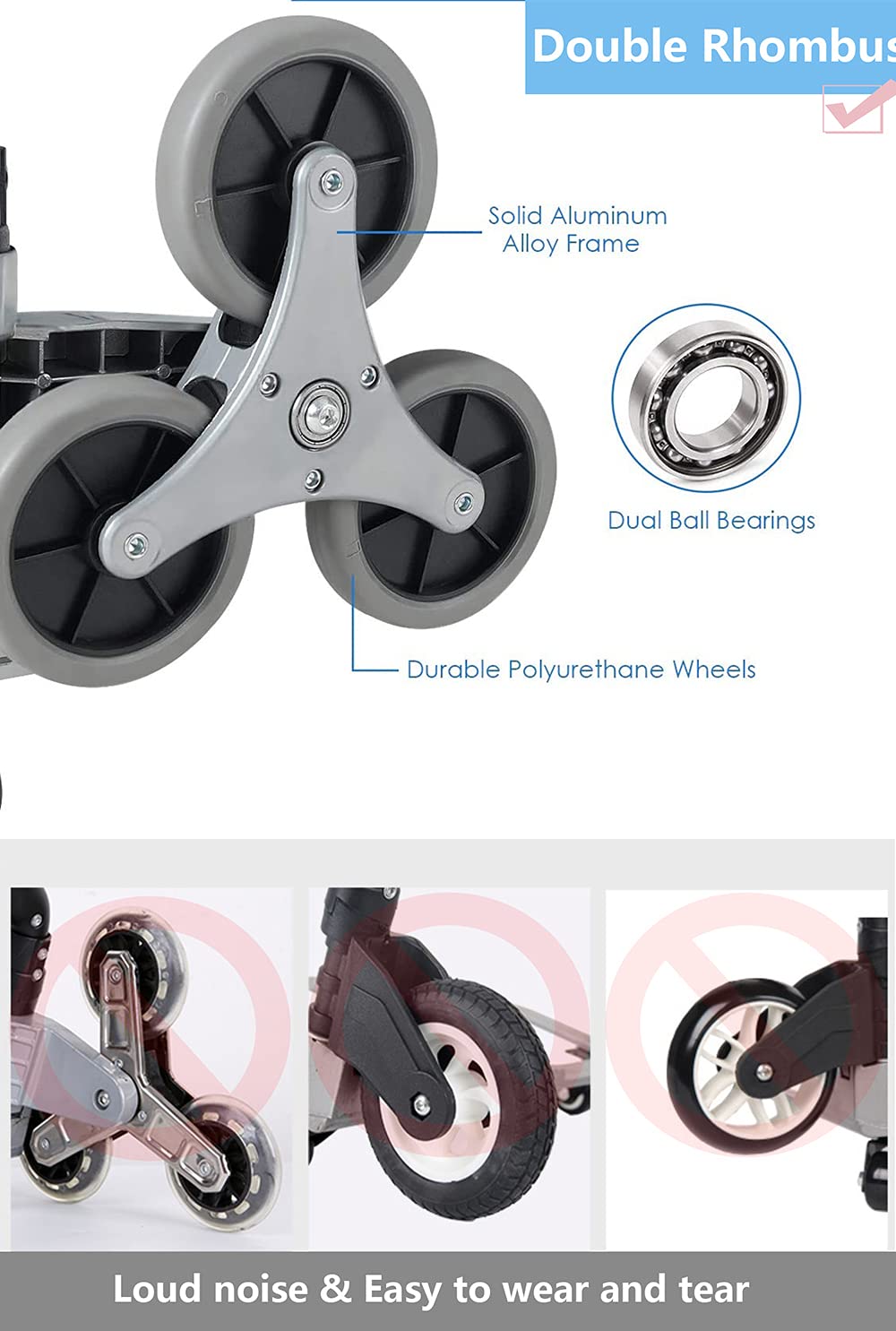 Double Rhombus Stair Climbing Cart Portable Folding Hand Truck, 330 LBS Capacity Aluminium Trolley with 3-Level Height Adjustable Telescoping Handle, 6 Rubber Wheels, 2 Bungee Cords, All Terrain