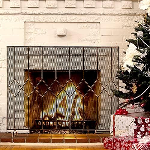 AMAGABELI GARDEN & HOME Decorative Fireplace Screen for Wood Burning Fireplace Stove Wrought Iron Flat Single Panel Stand Alone Cover, Fire Spark Guard Safety Mesh Modern Indoor Outdoor Brass Bronze