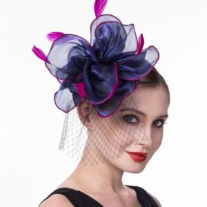 Fascinators Hat for Women Tea Party Headband Girls Flapper Headpiece Kentucky Church Derby Wedding (FM02-Navy and Rose)