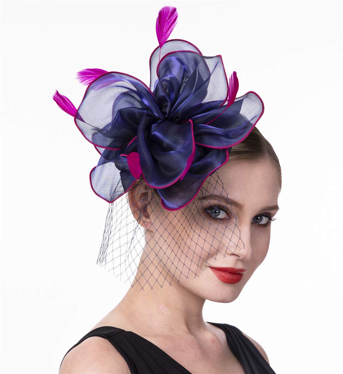 Fascinators Hat for Women Tea Party Headband Girls Flapper Headpiece Kentucky Church Derby Wedding (FM02-Navy and Rose)