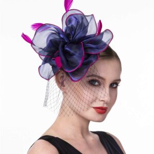 Fascinators Hat for Women Tea Party Headband Girls Flapper Headpiece Kentucky Church Derby Wedding (FM02-Navy and Rose)