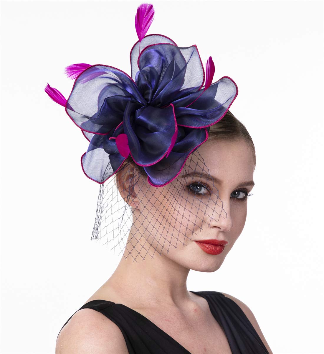 Fascinators Hat for Women Tea Party Headband Girls Flapper Headpiece Kentucky Church Derby Wedding (FM02-Navy and Rose)