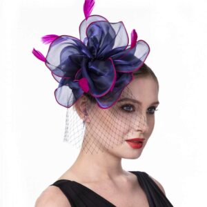 Fascinators Hat for Women Tea Party Headband Girls Flapper Headpiece Kentucky Church Derby Wedding (FM02-Navy and Rose)