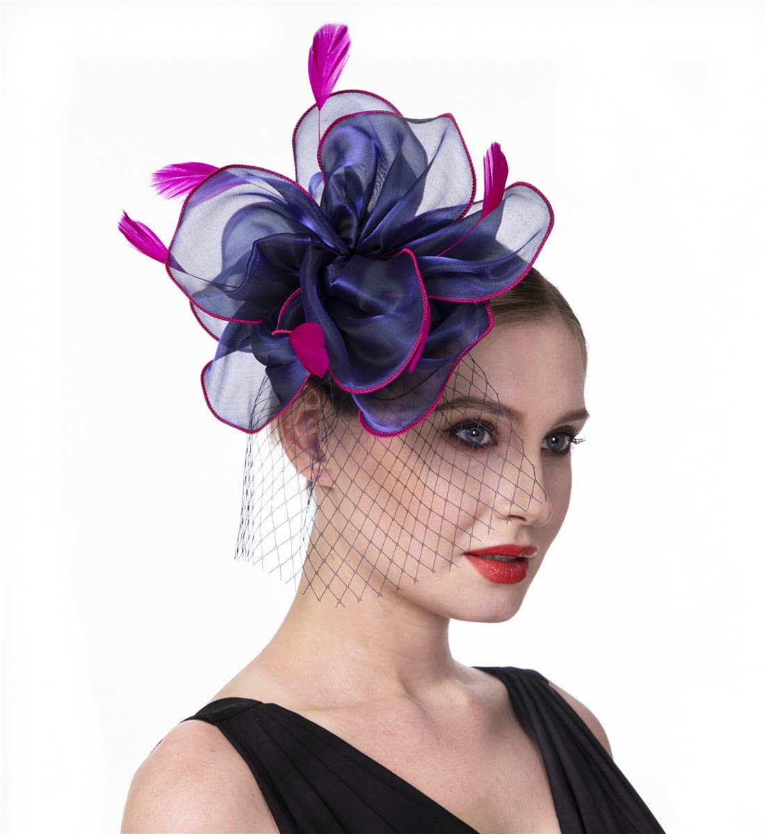 Fascinators Hat for Women Tea Party Headband Girls Flapper Headpiece Kentucky Church Derby Wedding (FM02-Navy and Rose)