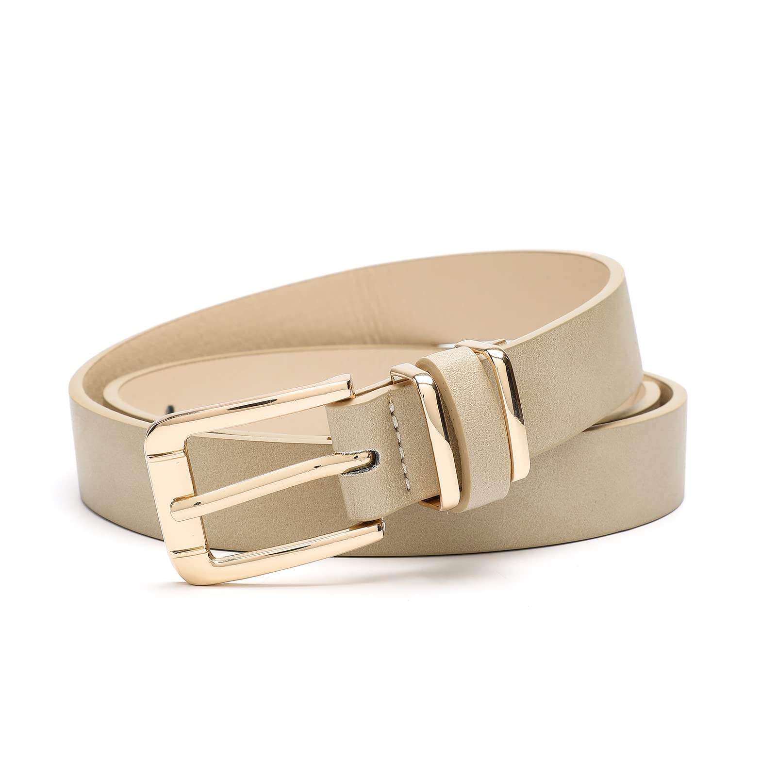 IFENDEI Women Waist Belts for Dresses Thin Black Skinny Leather Belts with Gold Pin Buckle Beige Small