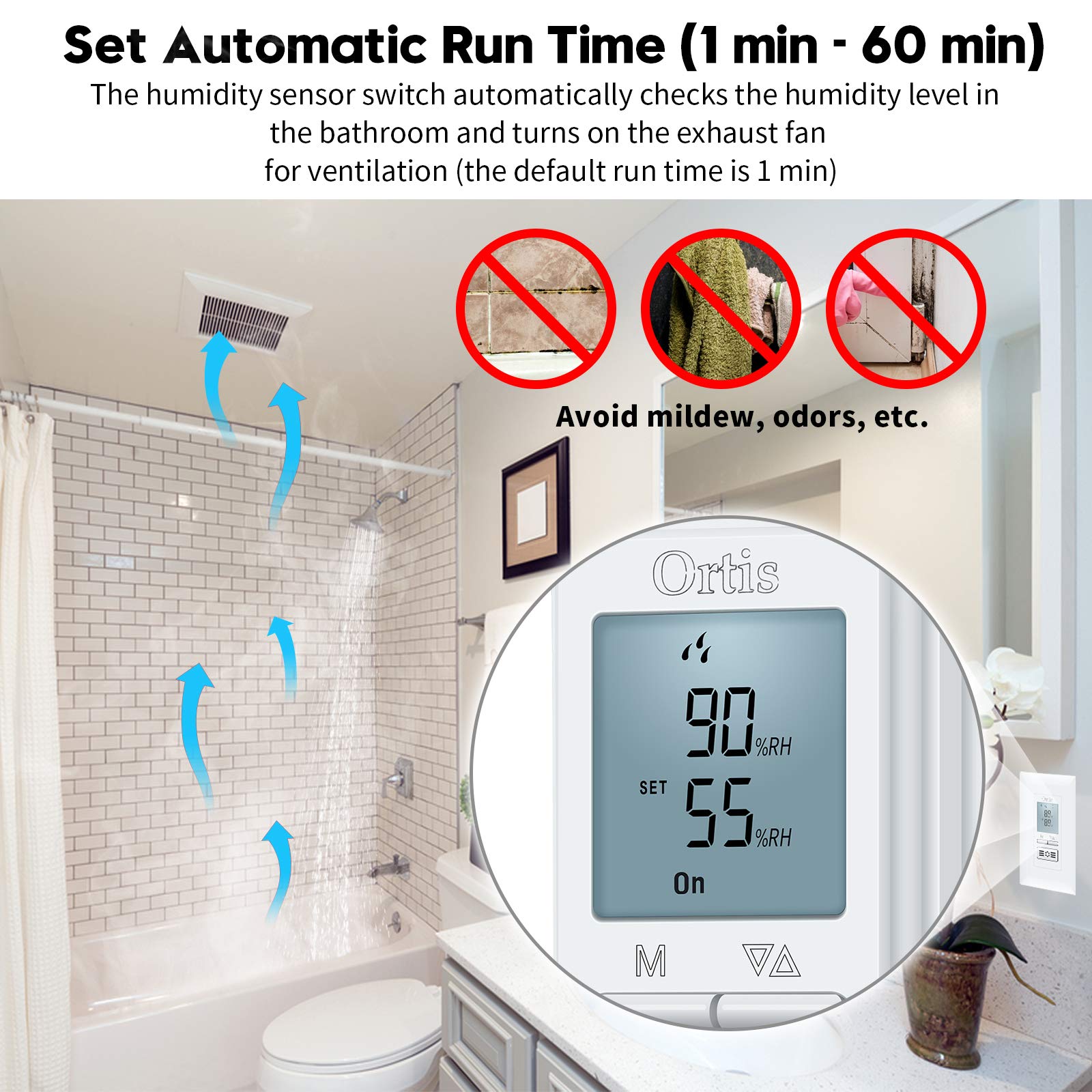 [New Generation] Humidity Sensor Switch, Ortis in-Wall Bathroom Fan Automated Control Switch, Air Moisture Detection, Neutral Wire Required, White, 120V/220V