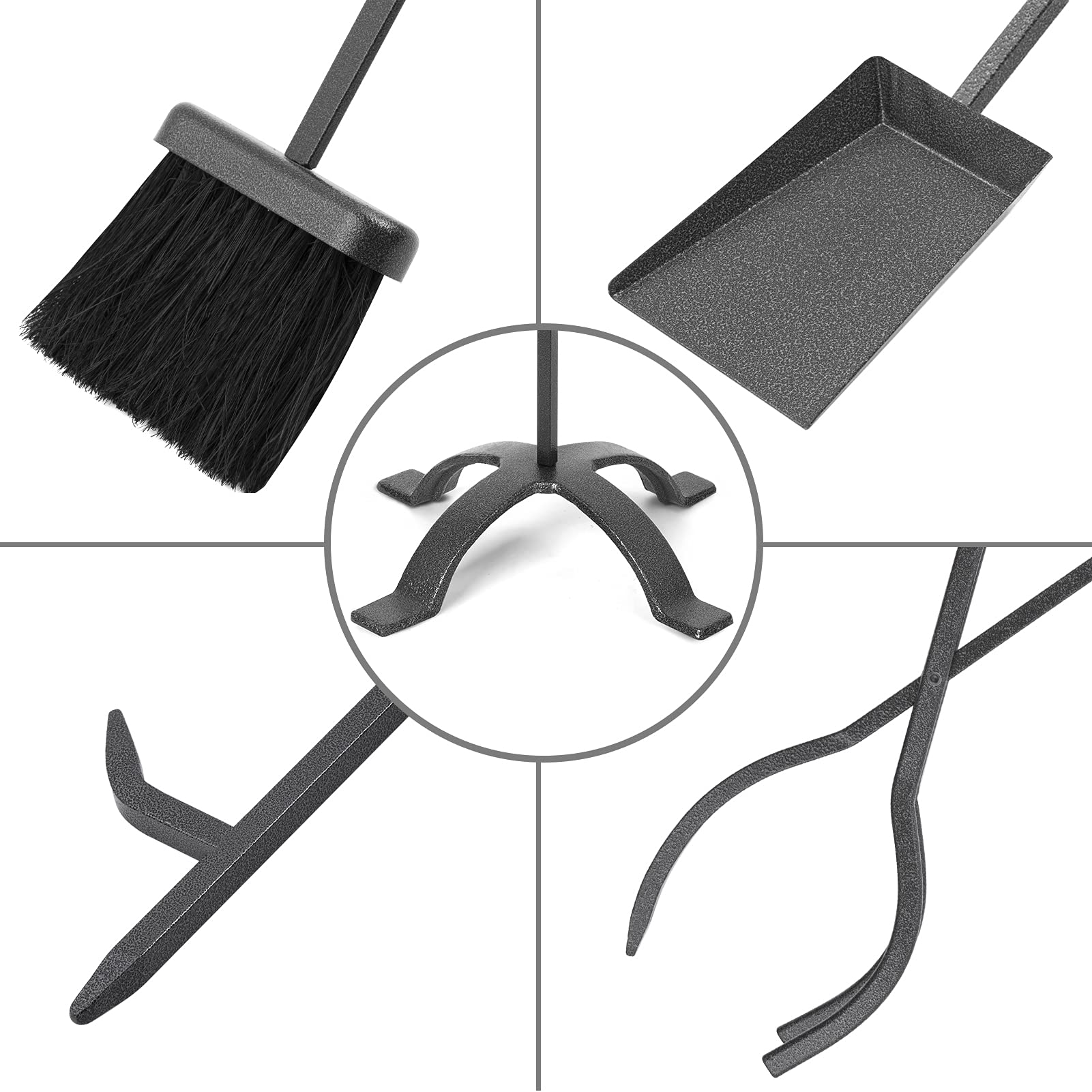 Amagabeli 5 Pieces Fireplace Tools Sets Wrought Iron Indoor Fireplace Set with Poker Tongs Broom Shovel Stand Fire Tools Outdoor Rustic Fire Poker Set Fire Place Hearth Accessories Sets Antique Pewter