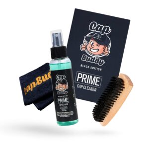 BallcapBuddy - Prime Hat Cleaner Kit, Hat Care for Any Colored Cap, Hat Deodorizer & Cleaner with Brush, Soft Microfiber Cloth & 6 Oz Spray Cleaner, Black Edition, 1 Kit, Made in USA