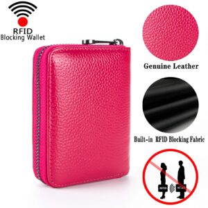 Suweibuke Genuine Leather Credit Card Holder Wallet RFID Blocking Secure Card Case ID Case Organizer Zipper Wallet (A-Rose Red)